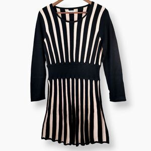 Calvin Klein Black Cream Ribbed Striped Long Sleeve Fit & Flare Knit Dress Sz L
